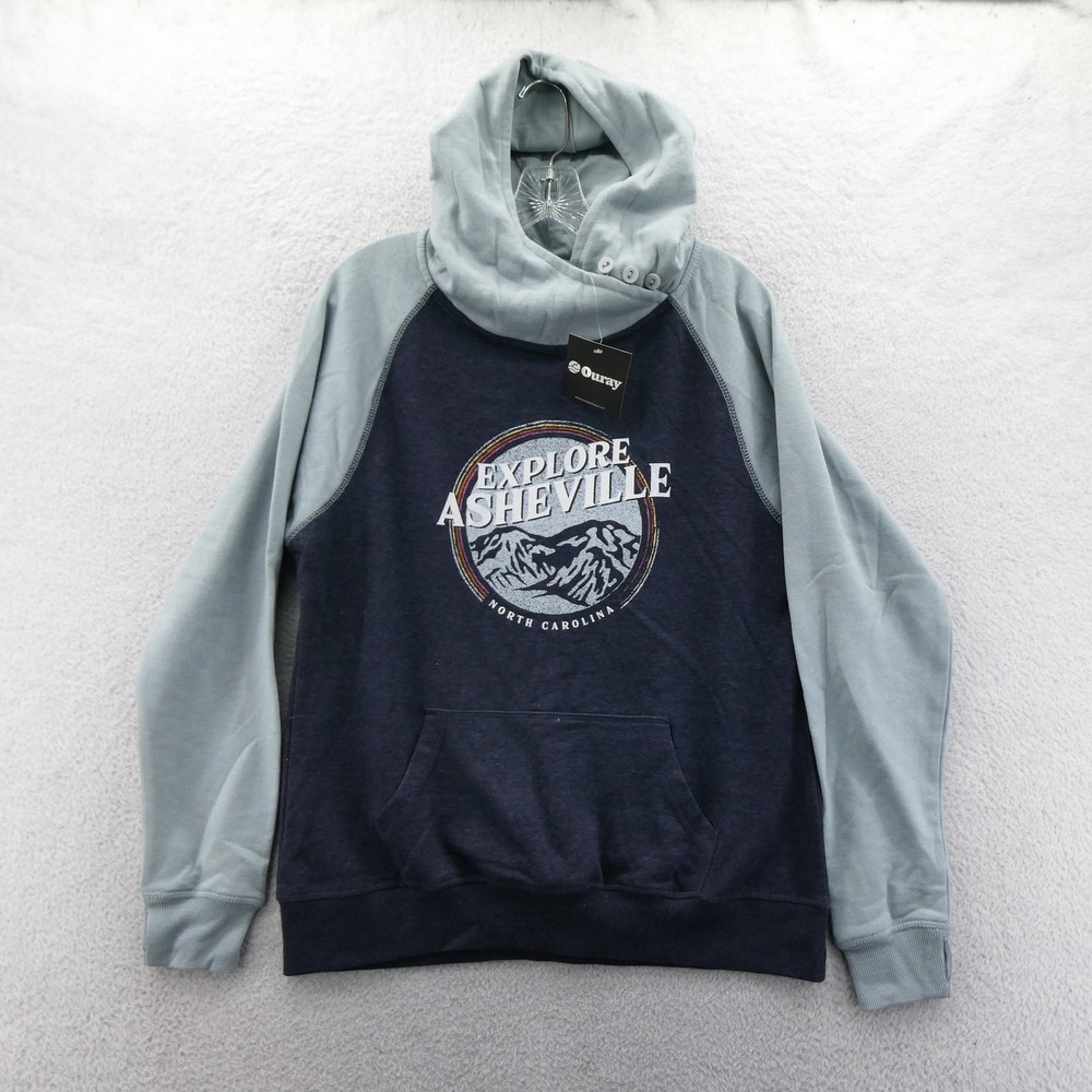 Ouray Hoodie Women Medium Explore Asheville North Carolina Blue Raglan Pullover